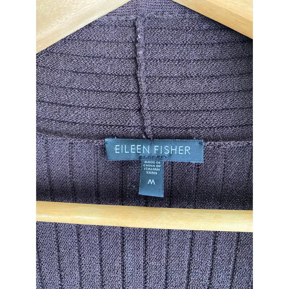 Eileen Fisher Ribbed Wool Open Cardigan Espresso Brown Medium